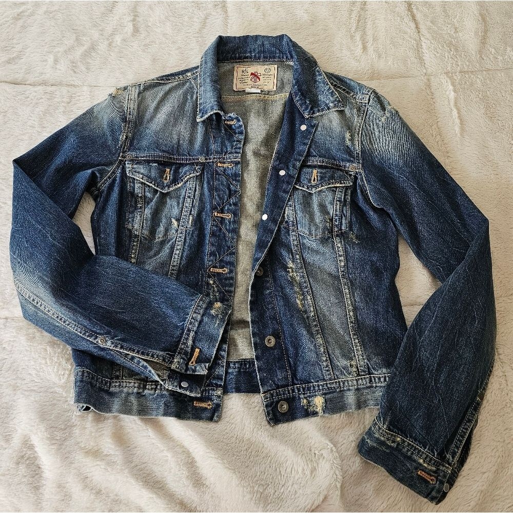 French Connection Denim Jean Jacket Sistressed blue. Size Medium.